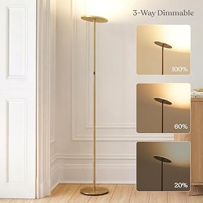 Brightech Sky LED Floor lamp, Torchiere Super Bright Floor Lamp for Living Room Decor & Office - Dimmable, Tall Standing Torch Lamp with Warm Light for Bedroom & Reading - Gold Brass - image 4 of 4