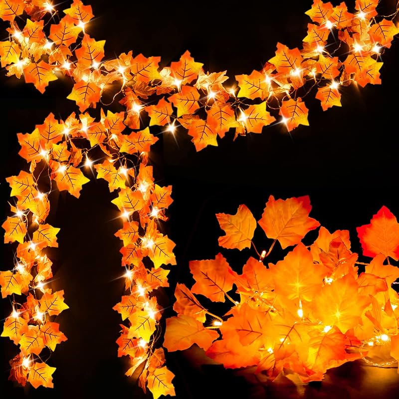 2-Pack Lighted Fall Garland, Total 16.4ft 40 LED Autumn String Lights - String & Accent Lighting, product photo on a white background