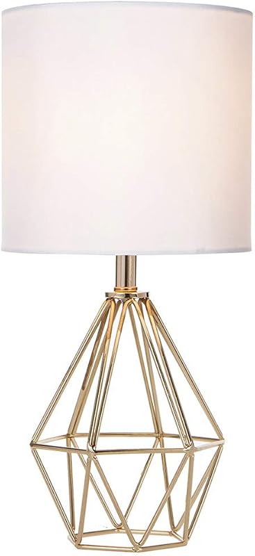 Gold Modern Hollow Out Base Bedroom Small Table Lamp,Bedside Nightstand Lamp with Geometric Metal Base White Fabric Shade,Cute Desk Lamp for Kids Living Room - Table Lamps, product photo on a white background