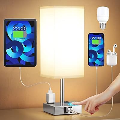 Touch Bedside Table Lamp for Bedroom - Dimmable, USB C+A, 2 AC Outlets - image 2 of 4