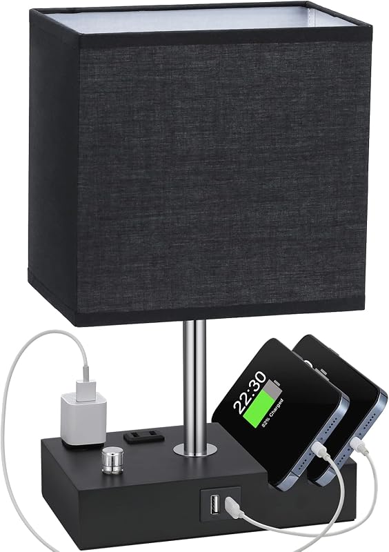 Black Table Lamp for Bedroom - Stepless Dimmable, USB C+A, 2 AC Outlets - Table Lamps, product photo on a white background