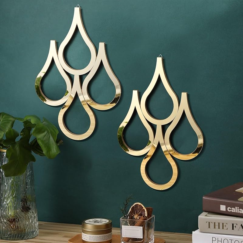 Weysat 2 Pieces Teardrop Wall Mirror Hanging Wall Mounted Decorative Accent Mirror for Home Living Room Bedroom Bathroom, 15.7 x 11 Inch(Gold) - Mirrors, product photo on a white background