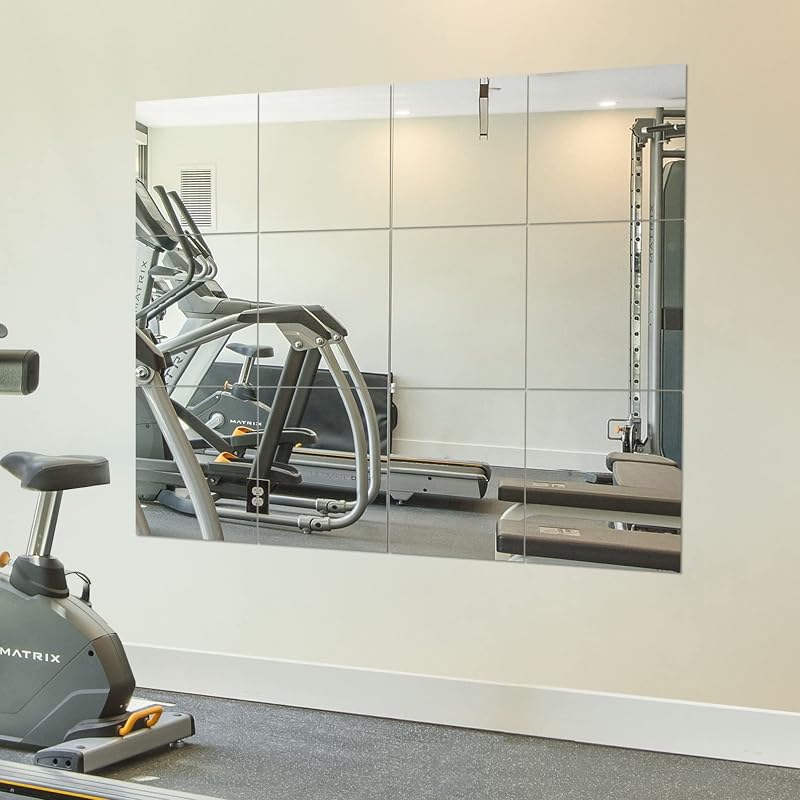 Home Gym Mirror Tiles, 12" x 12" x 12PCS Wall Mirror Tiles Frameless Glass - Mirrors, product photo on a white background