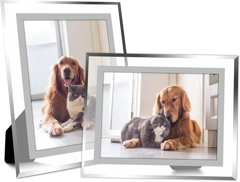 Vienrose 5x7 Picture Frame Set of 2, Clear Glass Photo Frames with Silver Edge, Horizontal or Vertical Display for Tabletop, Desk, Home, Office Decoration Fits 5x7 Photos Easy Photo Swap Gift Ready - Wall Art, product photo on a white background