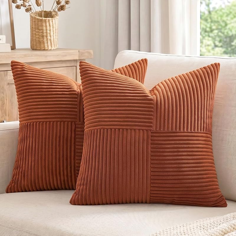 Fancy Homi 2 Packs Rust Boho Decorative Throw Pillow Covers 18x18 Inch for Couch Bed Sofa, Farmhouse Fall Home Decor, Soft Corss Corduroy Patchwork Textured Terracotta Accent Cushion Case 45x45 cm - Vases & Objects, product photo on a white background