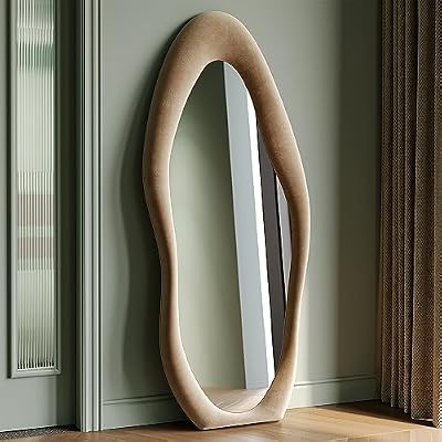 Honyee Full Length Mirror, 63" x 24" Wall Mirror, Flannel Wrapped Wooden Frame Floor Mirror, Irregular Wavy Mirror Hanging or Leaning Against Wall for Cloakroom/Bedroom/Living Room, Milk Tea - image 2 of 4