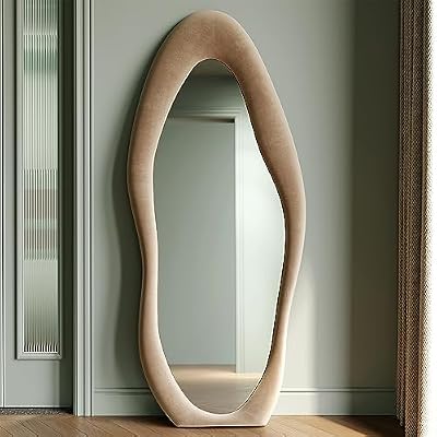 Honyee Full Length Mirror, 63" x 24" Wall Mirror, Flannel Wrapped Wooden Frame Floor Mirror, Irregular Wavy Mirror Hanging or Leaning Against Wall for Cloakroom/Bedroom/Living Room, Milk Tea - image 3 of 4