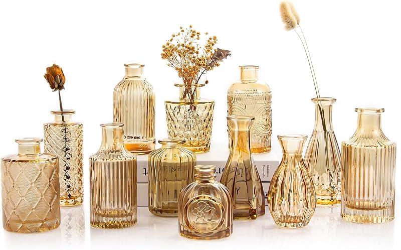 TBWIND Gold Amber Glass Bud Vases Set of 12, Small Vases for Flowers - Vases & Objects, product photo on a white background