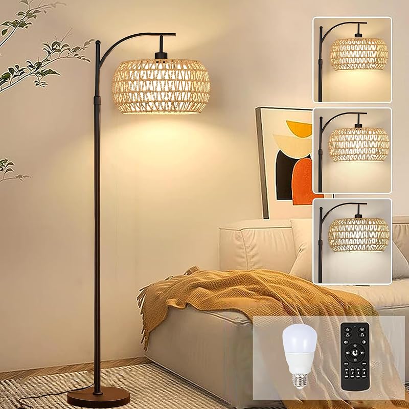 Arc Floor Lamps for Living Room Rattan Boho Floor Lamp with Remote Control,Dimmable LED Floor Lamp Wicker Lamp Shades Black Standing Lamp with 3 Color Temperature Tall Floor Lamps For Bedroom Corner - Floor Lamps, product photo on a white background