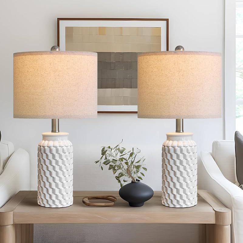 USumkky 20.5" White Modern Ceramic Bedside Lamps Set of 2, Small Table Lamp for Bedroom Decor Farmhouse Nightstand Lamp for Living Room Office - Table Lamps, product photo on a white background