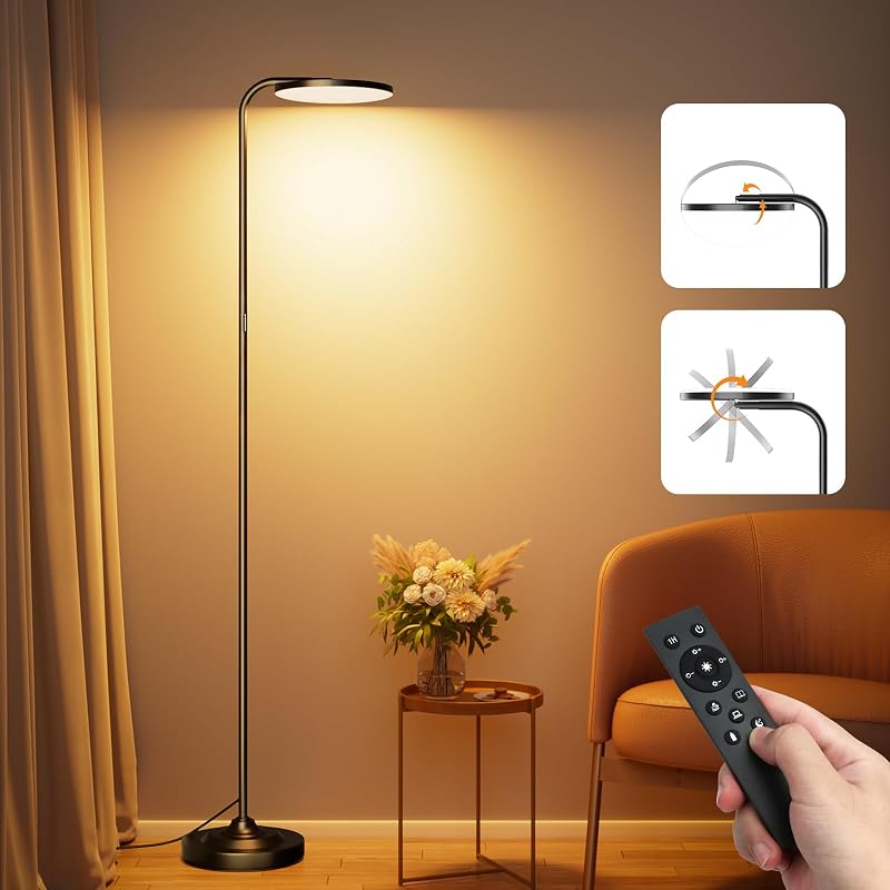 SIBRILLE 36W LED Floor Lamp, Super Bright Standing Lamp, Modern Stepless Dimmable Torchiere Tall Lamp with Remote Control, 350°Rotating Head Reading Floor Lamp for Living Room, Bedroom, Office - Floor Lamps, product photo on a white background