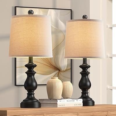 PARTPHONER Traditional Table Lamp Set of 2, Rustic Farmhouse Table Lamps for Living Room Bedroom, 22" Bedside Desk Lamps Vintage Nightstand Lamps with Linen Shades, Black - image 2 of 4