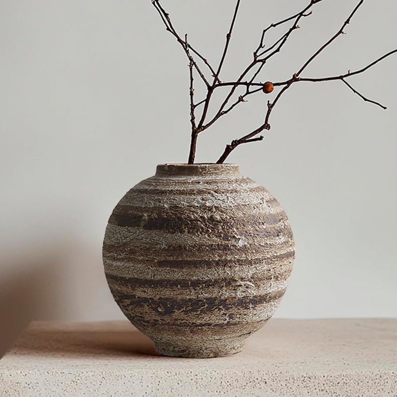 DIF DECO Ceramic Farmhouse Vase Rustic Decor,Pottery Decorative Flower Vases for Home Decor,Boho Vase for Table, Living Room,Bathroom,Shelf,Mantel Decoration,5.5 inch - Vases & Objects, product photo on a white background