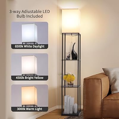 Gupuzm Floor Lamp with Shelves, Modern Square Standing Lamp with 3 Color Temperature Bulb, Corner Display Bookshelf Lamp for Living Room, Bedroom and Office (Black) - image 3 of 4