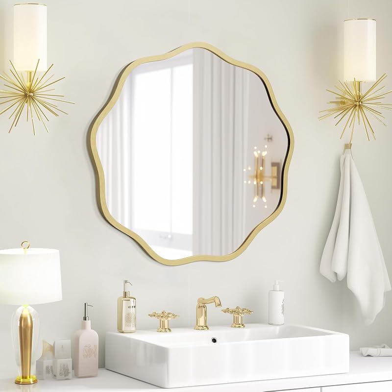 WallBeyond Round Wavy Mirror for Wall Decorative 20 inch, Modern Round Mirror Aluminum Frame for Bathroom Bedroom Living Room Home House Office Entryway, Gold - Mirrors, product photo on a white background