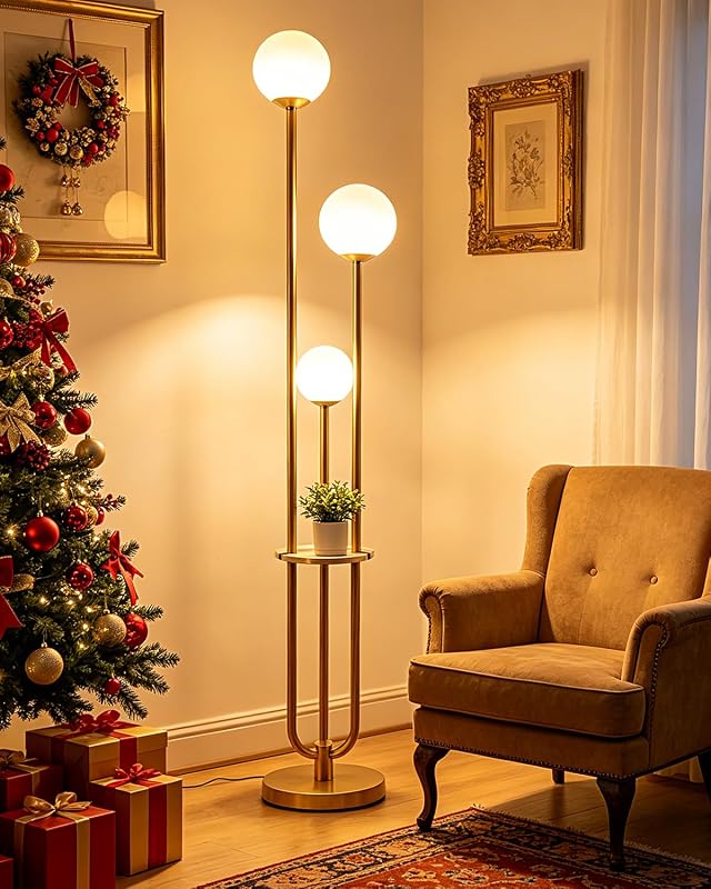 Lightdot 63IN Dimmable Gold Floor Lamp with Shelf Mid Century Standing Lamps with 3000K Bulbs Included Modern Globe Floor Lamp with 5Lbs Heavy Base for Living Room/Party/Sofa Beside/Corner Decor - Floor Lamps, product photo on a white background