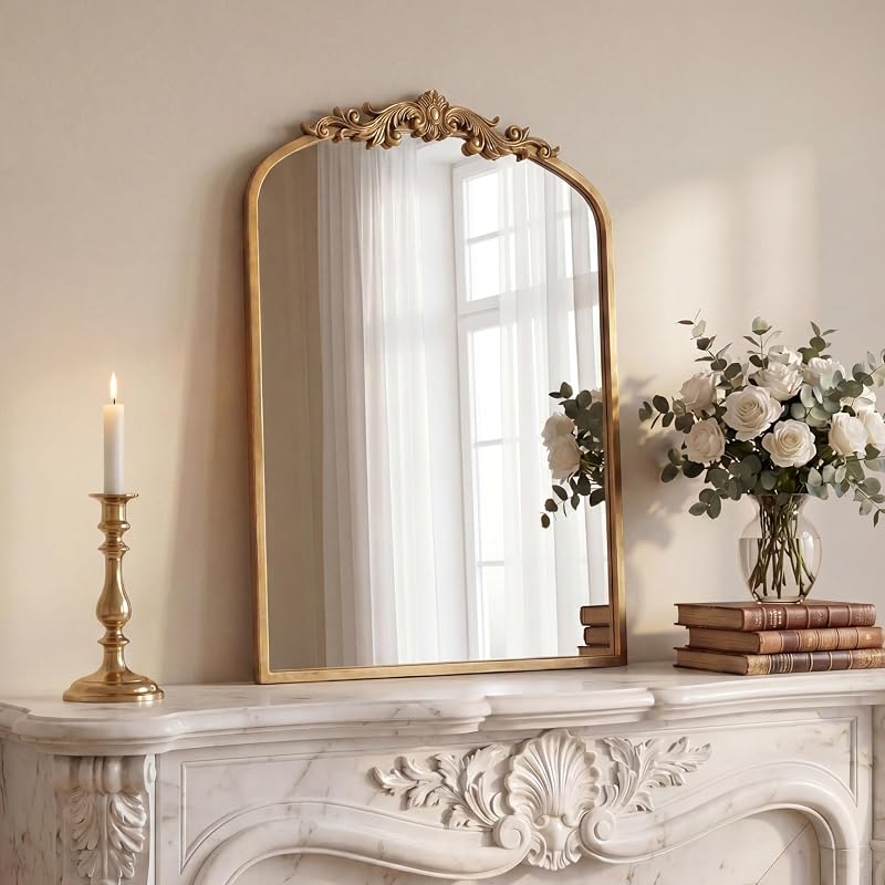 PERFNIQUE Vintage Mirror, 30" X 19" Gold Arched Antique Baroque Mirror - Mirrors, product photo on a white background