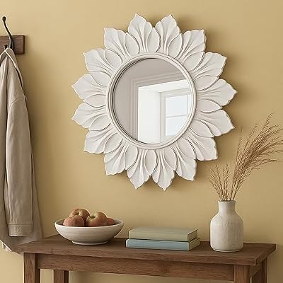 Sunflower Sunburst Wall Mirror, 22" Distressed White Wooden Frame - image 2 of 4