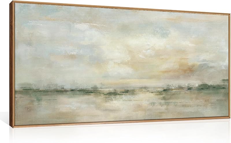 LHIUEM Large Abstract Green Gray Pastel Framed Canvas Wall Art,Neutral Landscape Wall Decor,Modern Watercolor Lake Artwork,Beige Textured Illustrations Art for Living Room,Bedroom,Office- 20"x40"x1 - Wall Art, product photo on a white background