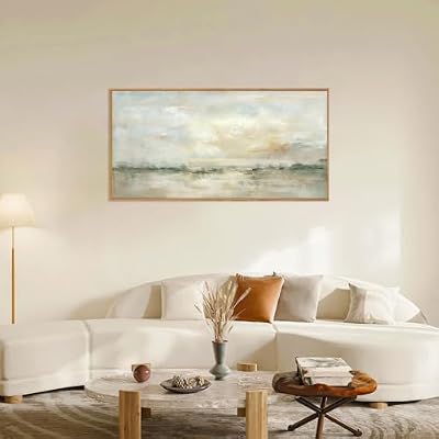LHIUEM Large Abstract Green Gray Pastel Framed Canvas Wall Art,Neutral Landscape Wall Decor,Modern Watercolor Lake Artwork,Beige Textured Illustrations Art for Living Room,Bedroom,Office- 20"x40"x1 - image 3 of 4