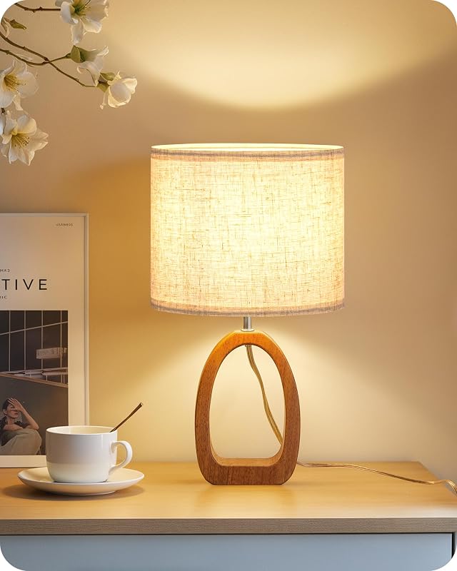 Small Table Lamp, 14.2" Cute Little Desk Lamp, Wood Bedside Lamp with Linen Lampshade, Modern Nightstand Lamp for Bedroom, E26 Base, Bulb Not Included, Beige and Dark Natural LE07TL05 - Table Lamps, product photo on a white background