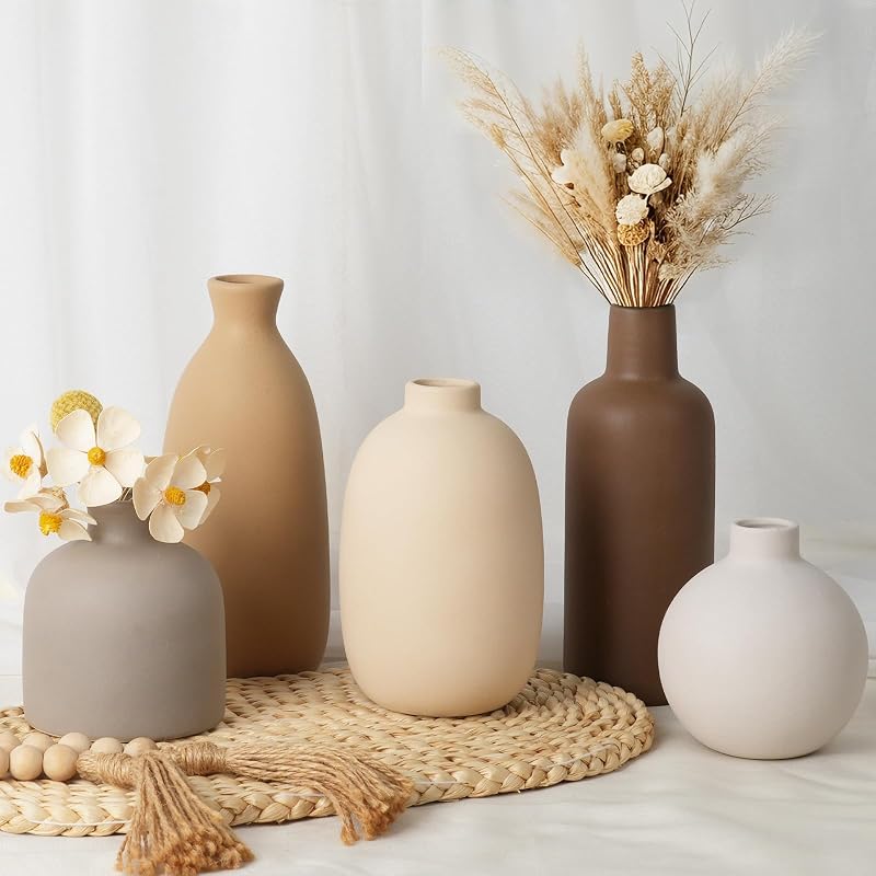 Modern Ceramic Vase Set of 5, Vases Home Decor Rustic Farmhouse Decorative - Vases & Objects, product photo on a white background