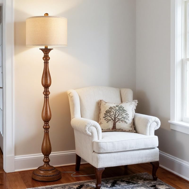 PARTPHONER Vintage Floor Lamp for Living Room, Rustic Farmhouse Standing Lamp with Rotary Switch and Linen Shade, Retro Resin Floor Lamp for Bedroom, Corner, Dining Room, House Decor, Wood Grain - Floor Lamps, product photo on a white background