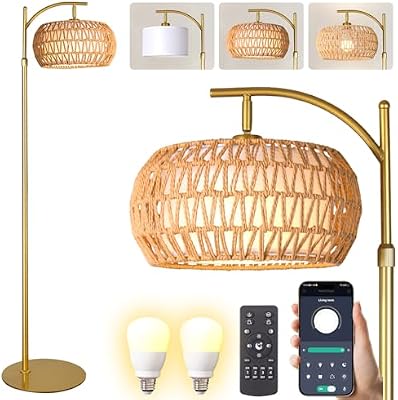 Gold Boho Rattan Floor Lamp w/Remote, Dimmable (2700K - 6000K), 2 - in - 1 Wicker & Fabric Shade, Adjustable 165-172cm for Living Room & Bedroom - image 2 of 4