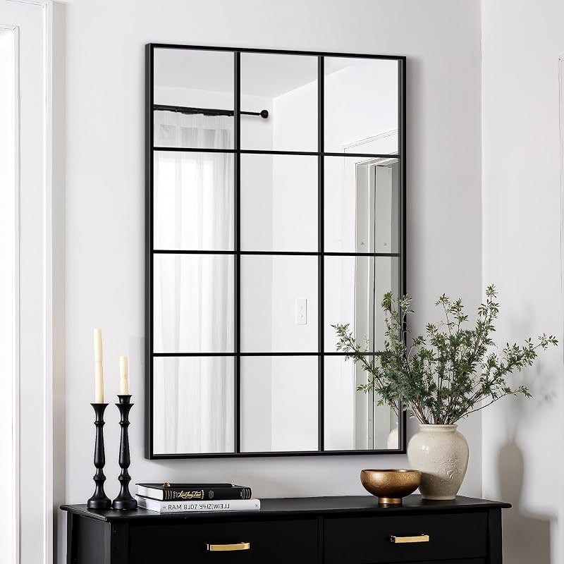 Window Pane Mirror for Wall Decor, 30" x 40" Decorative Mirror, Black - Mirrors, product photo on a white background