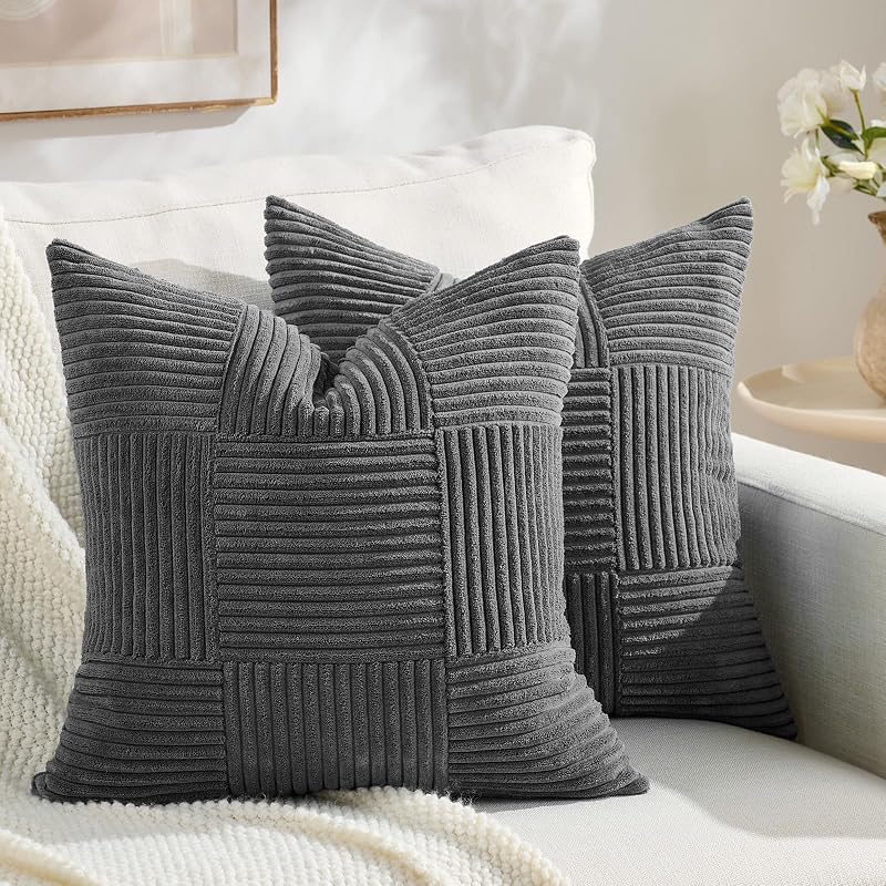 Fancy Homi Set of 2 Dark Gray Boho Decorative Throw Pillow Covers 18x18 Inch for Living Room Bedroom Couch Bed Sofa, Modern Farmhouse Home Decor, Soft Striped Plaid Corduroy Accent Cushion Case - Vases & Objects, product photo on a white background