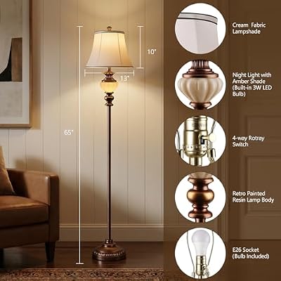 65'' Vintage Floor Lamp for Living Room, Retro Farmhouse Standing Lamp with Nightlight, Tall Lamp with Fabric Shade and Rotary Switch for Bedroom Office Dining Room Corner(LED Bulb Included) - image 3 of 4