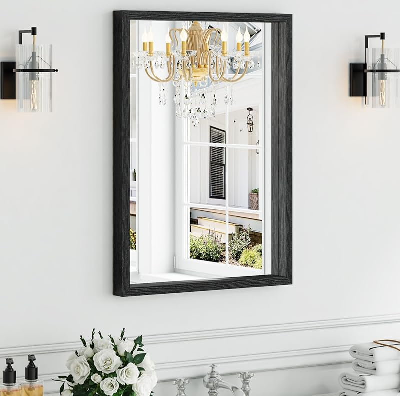Syndra Black Wood Frame Bathroom Mirror, 22''x30'' Modern Vanity Mirror for Wall, Waterproof Slim Deep Frame, Rectangular HD Tempered Glass Mirror for Living Room, Bedroom, Entryway, Rustic, Farmhouse - Mirrors, product photo on a white background