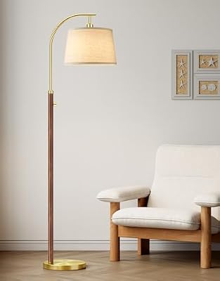 Dimmable Floor Lamp for Living Room, 65" Tall Metal Standing Lamp with LED Bulb, Mid Century Modern Arc Floor Lamp with Linen Shade for Bedroom, Reading Room, Office & Nursery, Gold and Walnut Color - image 2 of 4