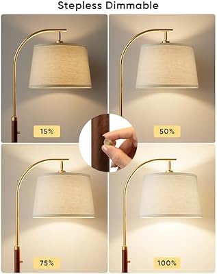 Dimmable Floor Lamp for Living Room, 65" Tall Metal Standing Lamp with LED Bulb, Mid Century Modern Arc Floor Lamp with Linen Shade for Bedroom, Reading Room, Office & Nursery, Gold and Walnut Color - image 3 of 4