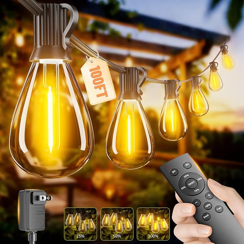 100FT Outdoor String Lights with Remote & Dimmable, 35+1 Shatterproof Waterproof Bulbs, Dimmable Outside Hanging Patio Lights for Backyard, Porch, Deck, Garden 2700K Warm White - String & Accent Lighting, product photo on a white background