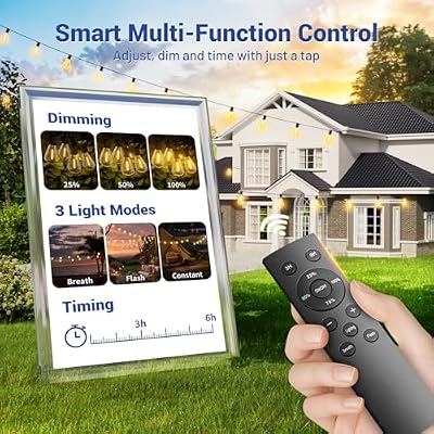 100FT Outdoor String Lights with Remote & Dimmable, 35+1 Shatterproof Waterproof Bulbs, Dimmable Outside Hanging Patio Lights for Backyard, Porch, Deck, Garden 2700K Warm White - image 3 of 4