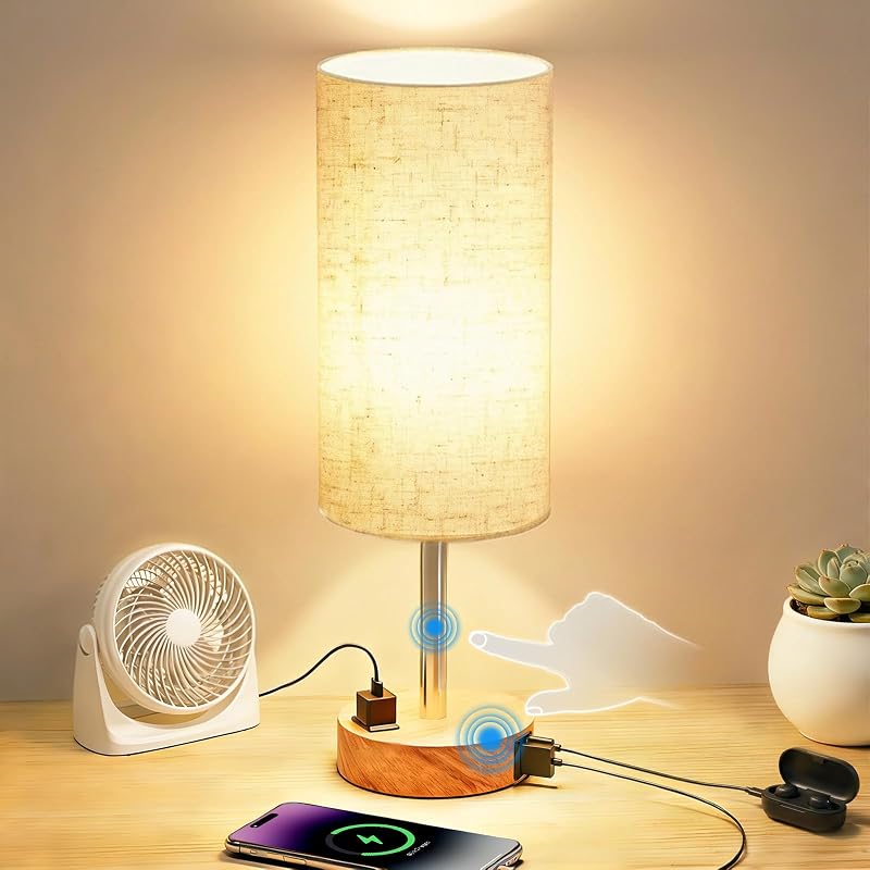 Table Lamp for Bedroom, High-Sensitivity Touch, AC Outlet, USB A+C - Table Lamps, product photo on a white background