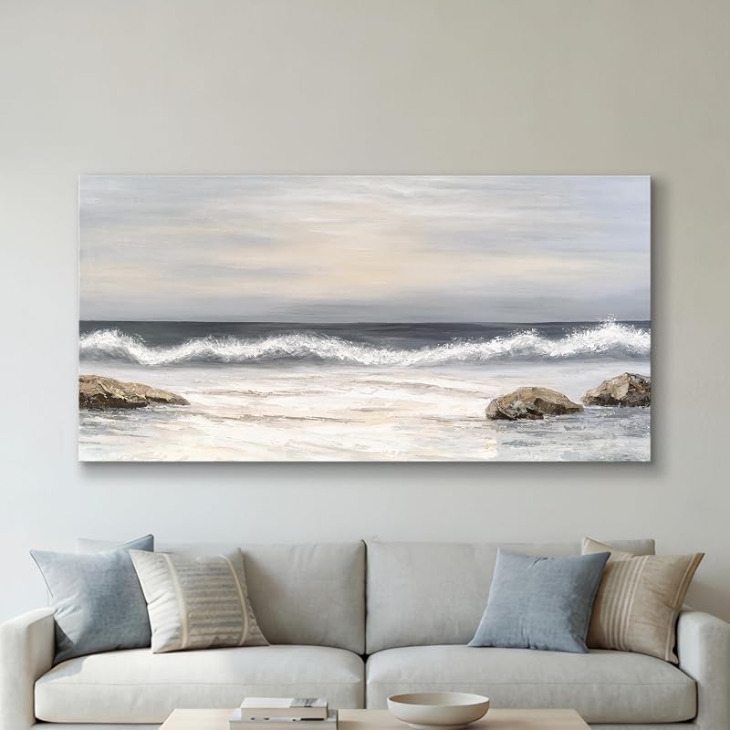 SENROLAN Coastal Seascape Canvas Wall Art, Neutral Blue Grey Ocean Waves Wrapped Canvas Print, Large Horizontal Wall Decor for Living Room Above Sofa, Ready to Hang, 48 x 24 Inch - Wall Art, product photo on a white background