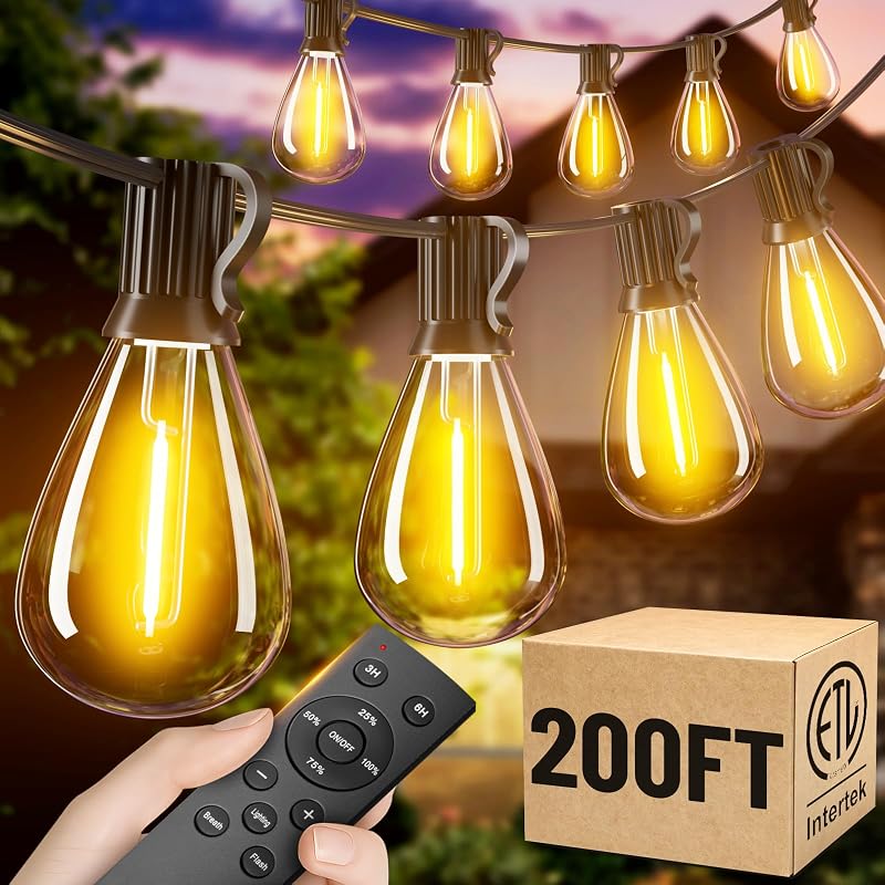 200FT Outdoor String Lights with Remote, Waterproof Patio Lights with 72+2 Shatterproof LED Bulbs,Dimmable Hanging Decor for Backyard Garden Porch Bistro, Timer & 3 Modes,2700K Warm White - String & Accent Lighting, product photo on a white background
