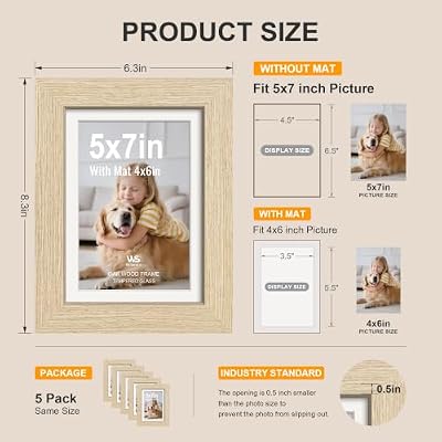 5x7 Picture Frame 5 Pack, Oak Wood with Real Glass, 4x6 Mat - image 3 of 4
