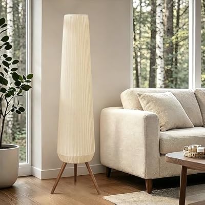 61'' Oatmeal Fabric Pleated Floor Lamp, Walnut Wood Tripod Base - image 3 of 4