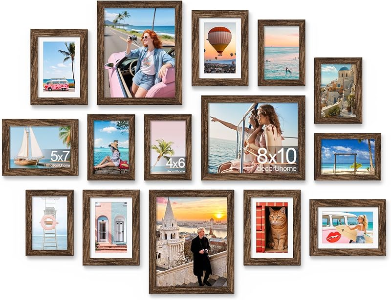 decorUhome 15 Pack Assorted Picture Frame Set for Wall & Tabletop, PF15BN - Wall Art, product photo on a white background