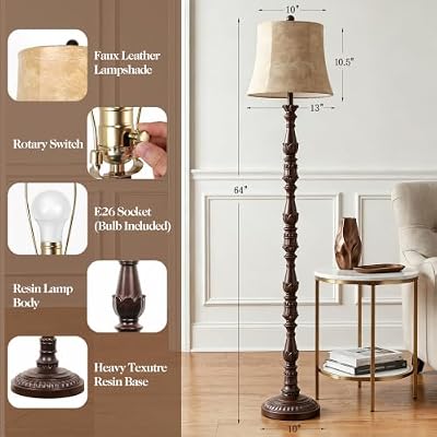 Vintage 64” Tall Floor Lamp for Living Room Bedroom, Retro Resin Carved Standing Lamp with Faux Leather Shade, Rotary Switch Rustic Corner Light for Home Decor(Brown) - image 3 of 4