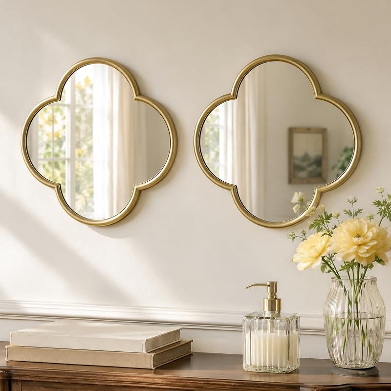 2 Pack Clover Wall Mirrors, Real Glass Decorative Mirrors with Metal Frame, 12" Small Four Leaf Clover Shaped Mirror for Wall Decor, HD Clarity Vanity Mirror Tiles for Bedroom, Living Room - Mirrors, product photo on a white background