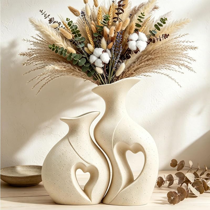 Heart Shaped Ceramic Vase Boho Modern Flower Vase Set of 2 (Cream) - Vases & Objects, product photo on a white background