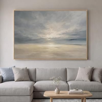 Extra Large Framed Beige Blue Coastal Abstract Wall Art, Horizontal 60x40 - image 2 of 4