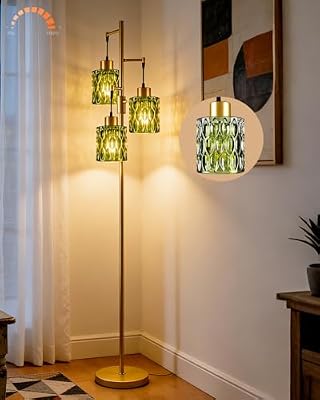 67" 3-Light Glass Floor Lamp for Living Room, Dimmable with Green Glass Shade & E12 Bulbs Included, Mid Century Modern Farmhouse Standing Tall Lamp for Bedroom/Sofa Beside/Corner - Gold - image 2 of 4